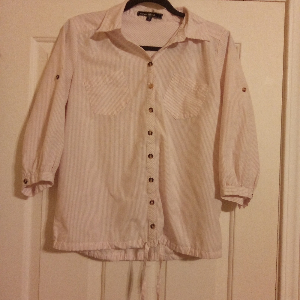 Love Stitch Women's Mid Sleeved Button Down Blouse With Drawstring Size Small